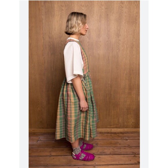 Vintage Plaid Pinafore Pleated Wool Dress L Handmade Removable Bib Cottagecore - Picture 3 of 10